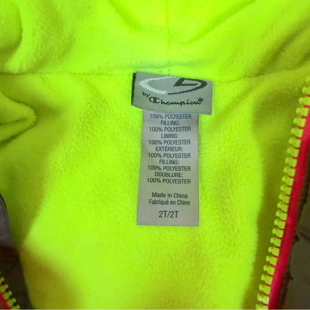 Champion Kids Bright Pink & Gray Puffer Jacket with Neon Yellow Lining 2T girls